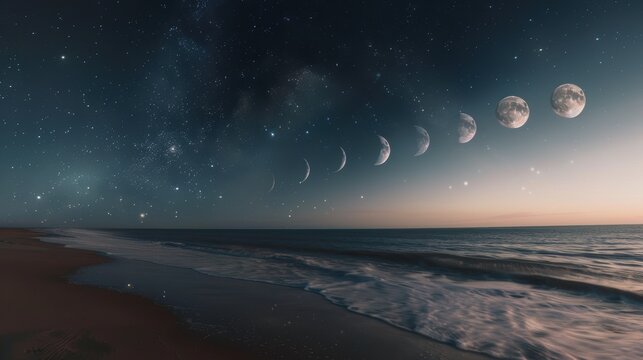 Phases of the Moon Over Serene Beach Representing the Cycles of Nature and Time