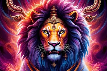 Dynamic and Striking Durga Lion Spirit Artwork from India