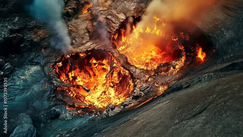 Sticker volcano eruption from a bird view. volcano crater and magma flow shot from above
