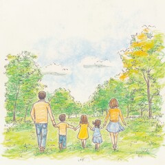 Obraz premium A family of five walks hand-in-hand through a green park, with trees on either side of them. The family is enjoying the outdoors and the fresh air.