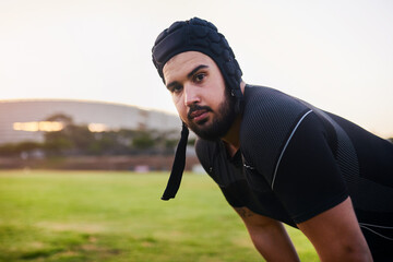 Man, rugby player and portrait for outdoor, game or challenge with exercise or fitness. Male...
