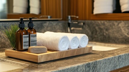 Spa-Like Bathroom Amenities: Rolled Towels and Essential Bottles
