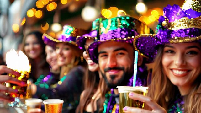 Vibrant Celebration: Friends in Festive Costumes Enjoying Nightlife and Party Atmosphere