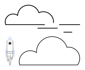 Rocket launching next to fluffy clouds and lines suggesting motion. Ideal for technology, space exploration, innovation, startup, creativity, ambition, and progress. Line metaphor