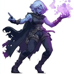 A female character with blue skin and short white hair, wearing a dark cloak and leather pants, casts a spell with her hands, creating purple and pink energy.