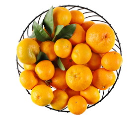 Tangerines in bowl isolated on white, top view