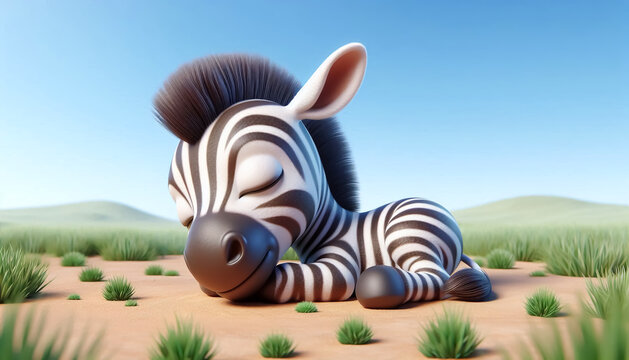 Baby zebra cartoon sleeping peacefully in the savannah