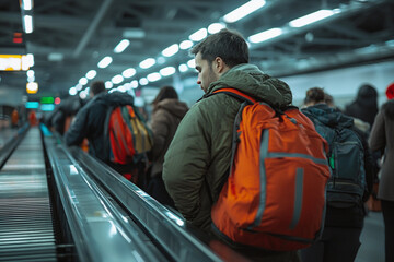 Fototapeta premium People commuting on an escalator at a busy subway station