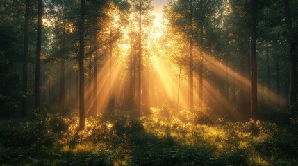 Fototapeta premium Sunlight streams through trees in a serene forest setting.