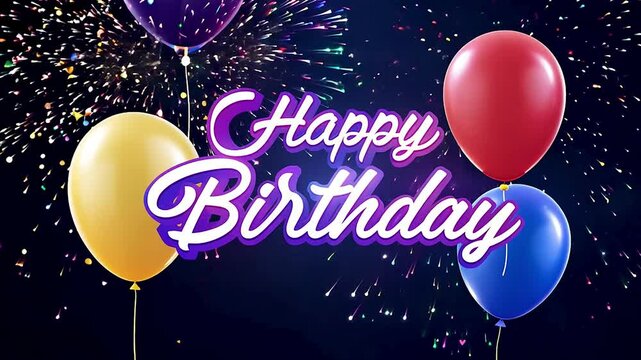 Colorful happy birthday text background displayed with balloons and confetti exploding.