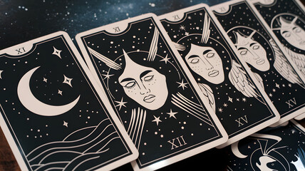 Obraz premium A collection of tarot cards featuring celestial themes, displayed on a dark background reflecting mystical imagery