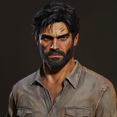 Close-up portrait of a man with a beard and scars on his face, looking serious.