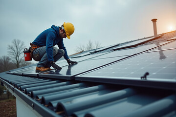 Worker Installing Solar Panels on Residential Roof