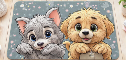  Cartoon-style dog and cat duo on a cute illustrated pet mat