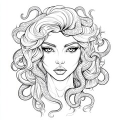 Line art drawing of Medusa, a mythical Greek creature with snakes for hair.