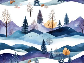 A serene winter landscape featuring layers of mountains, trees, and soft hues of blue and purple, capturing the tranquility of a snowy scene.