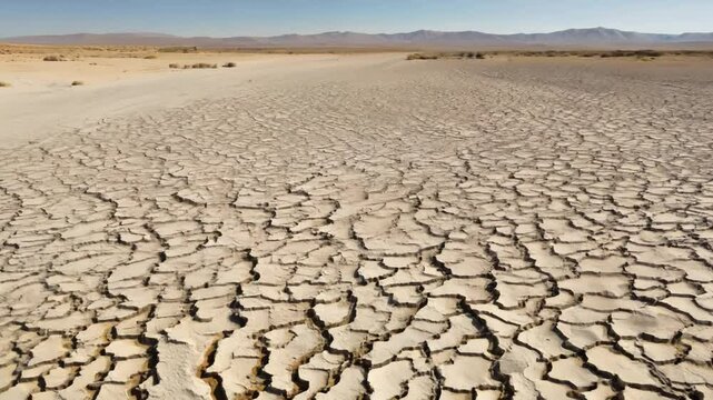 Camera panning over dry cracked earth in desert