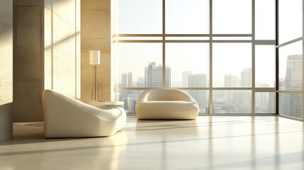 Fototapeta premium Modern interior design featuring plush sofas and large windows with urban city views.