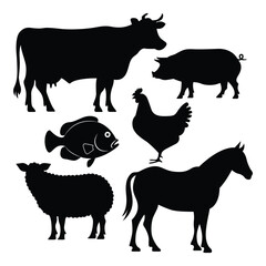 Farm animals silhouette icons. Vector illustrations