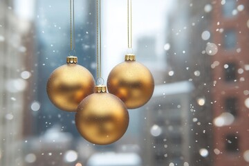 Golden Christmas ornaments hanging with snowy city backdrop