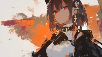 Anime girl with red eyes and short brown hair.