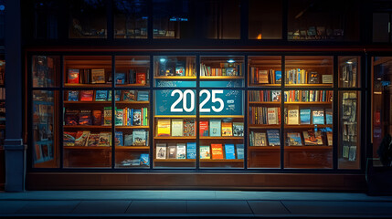 Bookstore window display with 2025 highlighted on a featured book cover suggesting future reads