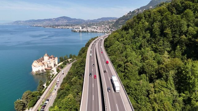 Aerial shot of Highway 9 (E27) by Lake Geneva, Switzerland