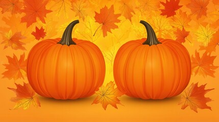 Naklejka premium Vibrant autumn pumpkins falling leaves backdrop