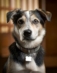 Una toma detallada de un perro que lleva un collar con una placa con su nombre, con el fondo suavemente difuminado para mostrar el entorno de la perrera.