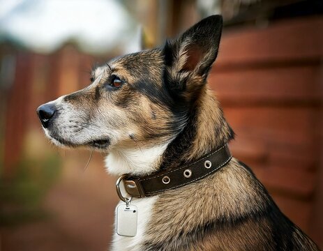 Una toma detallada de un perro que lleva un collar con una placa con su nombre, con el fondo suavemente difuminado para mostrar el entorno de la perrera.