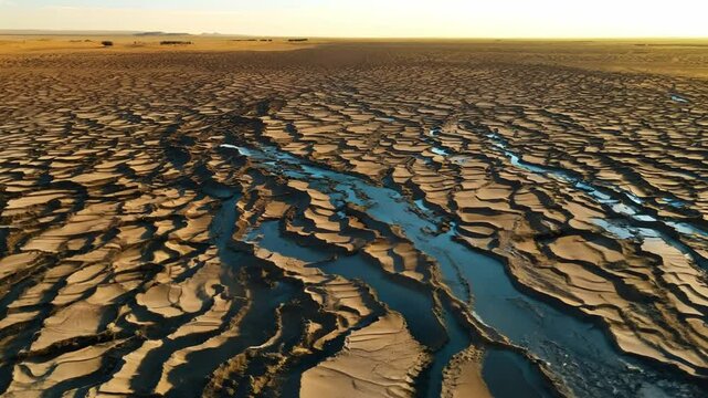 Sun illuminating cracked earth with water
