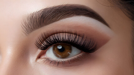 Obraz premium Close-up of a woman's eye with stylish makeup, showcasing long lashes and expertly shaped brows in natural lighting