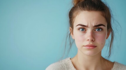 Young woman frowning and showing displeasure on blue background