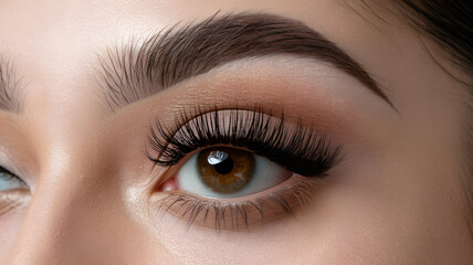 Fototapeta premium Close-up of a beautiful eye with long lashes and perfectly shaped eyebrows showcasing natural makeup in soft lighting