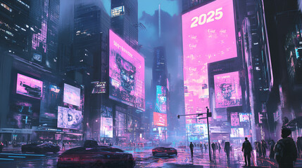 Busy city center with towering digital billboards showing 2025 in vibrant animations