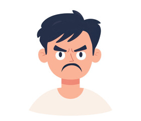 Obraz premium Cartoon boy with a big, angry expression on his face. He is wearing a white shirt. Flat vector illustration isolated.