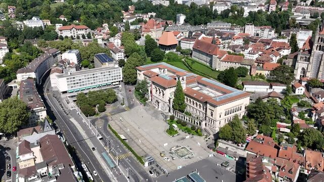 Drone shot of Palais de Rumine, Lausanne city, Switzerland