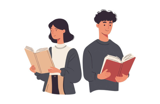 Man and a woman are reading books. The man is reading a book with a red cover. Flat vector illustration isolated.