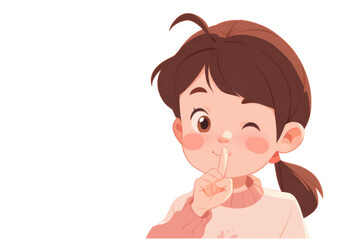Obraz premium Girl with a pink shirt and ponytail is looking at the camera. She is holding her nose. Flat vector illustration isolated.