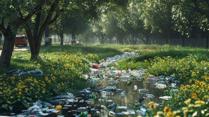 A realistic depiction of a littered park highlighting environmental issues and urban neglect