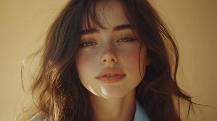 Naklejka premium Radiant Portrait of a Young Woman with Freckles and Flowing Hair