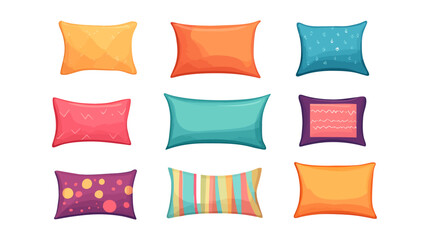 Set of pillows with different colors and patterns. The pillows are arranged in a row. Flat vector illustration isolated.