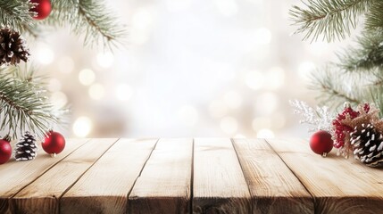 Wooden Table with Christmas Decorations with blurred golden light background