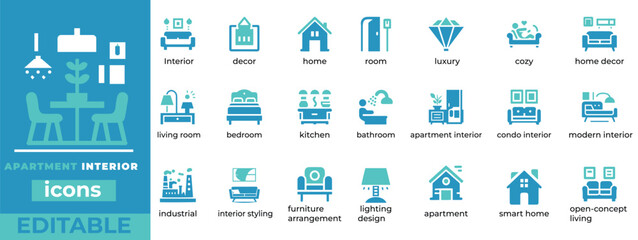 Modern apartment interior vector icon set, perfect for home decor, room styling, and real estate projects. Fully editable and scalable designs