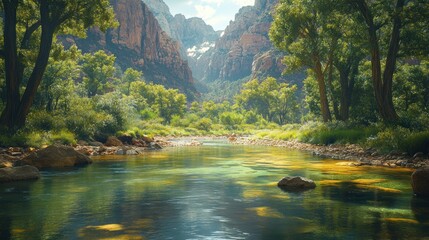 Obraz premium Serene river flowing through lush mountains and vibrant greenery.