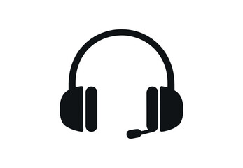 Black and white headset with a microphone attached to it. Flat vector illustration isolated.