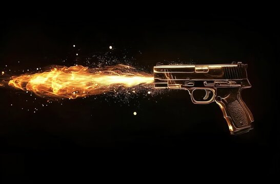 A gun firing with flames on a black background