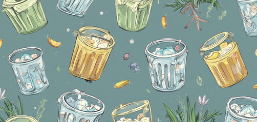  Seamless pattern of vintage glass jars with plants and flowers on a green background