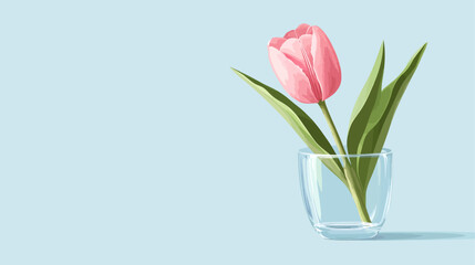 Pink flower in a clear glass vase. The vase is on a blue background. Flat vector illustration isolated.
