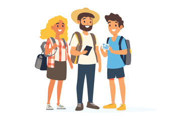 Obraz premium Three people are standing together. One of them is holding a cell phone. Flat vector illustration isolated.